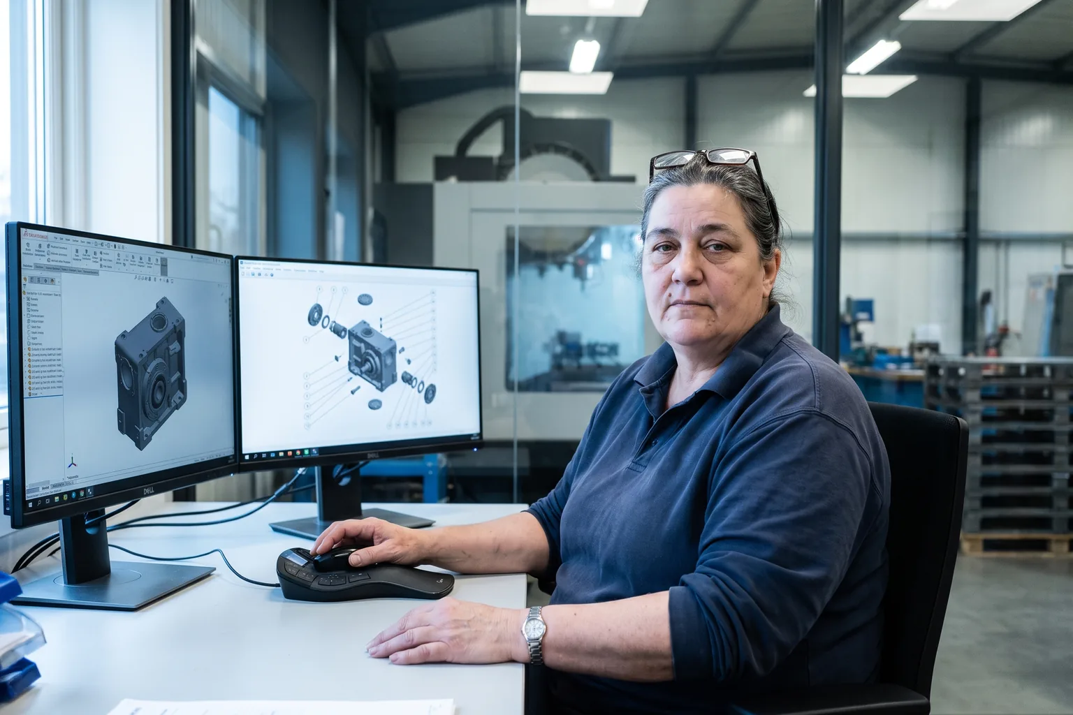 Konstrukteurin an einem Doppelmonitor, links die CAD-Baugruppe eines Getriebes, rechts dieselbe Baugruppe als Explosionsdarstellung, im Hintergrund eine Fertigungshalle