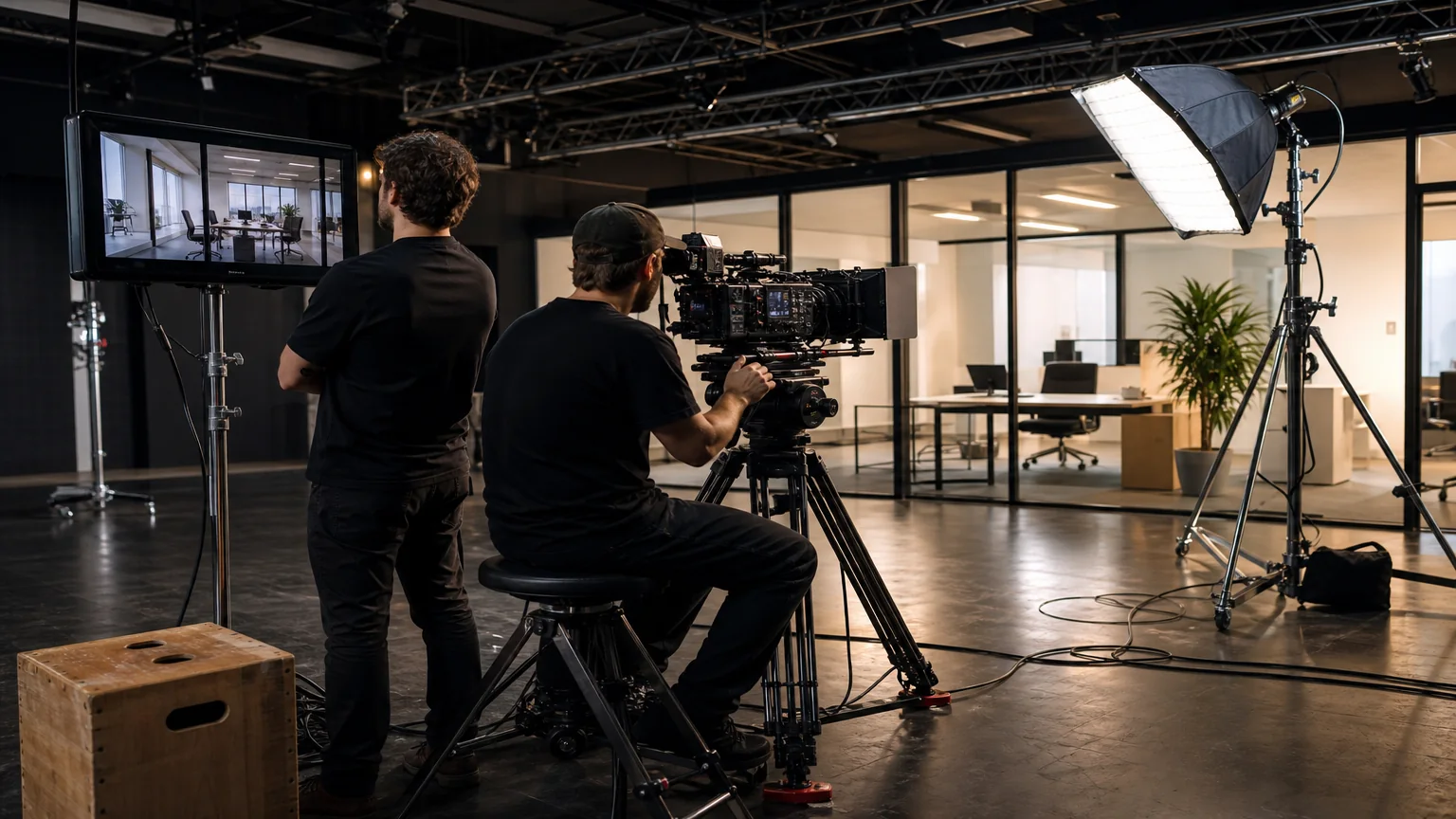 Kamerateam mit Cinema-Kamera, Monitor und LED-Lichtaufbau bei einer klassischen Imagefilm-Produktion im Filmstudio