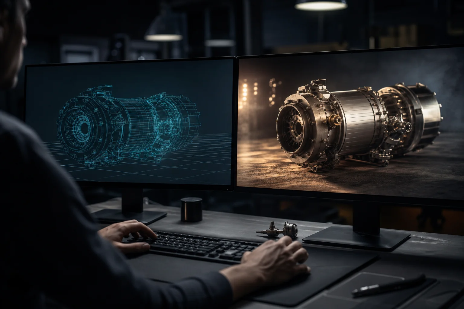 CAD-Modell und fertiger Produktfilm-Frame nebeneinander bei der KI-Video-Erstellung aus Fotos
