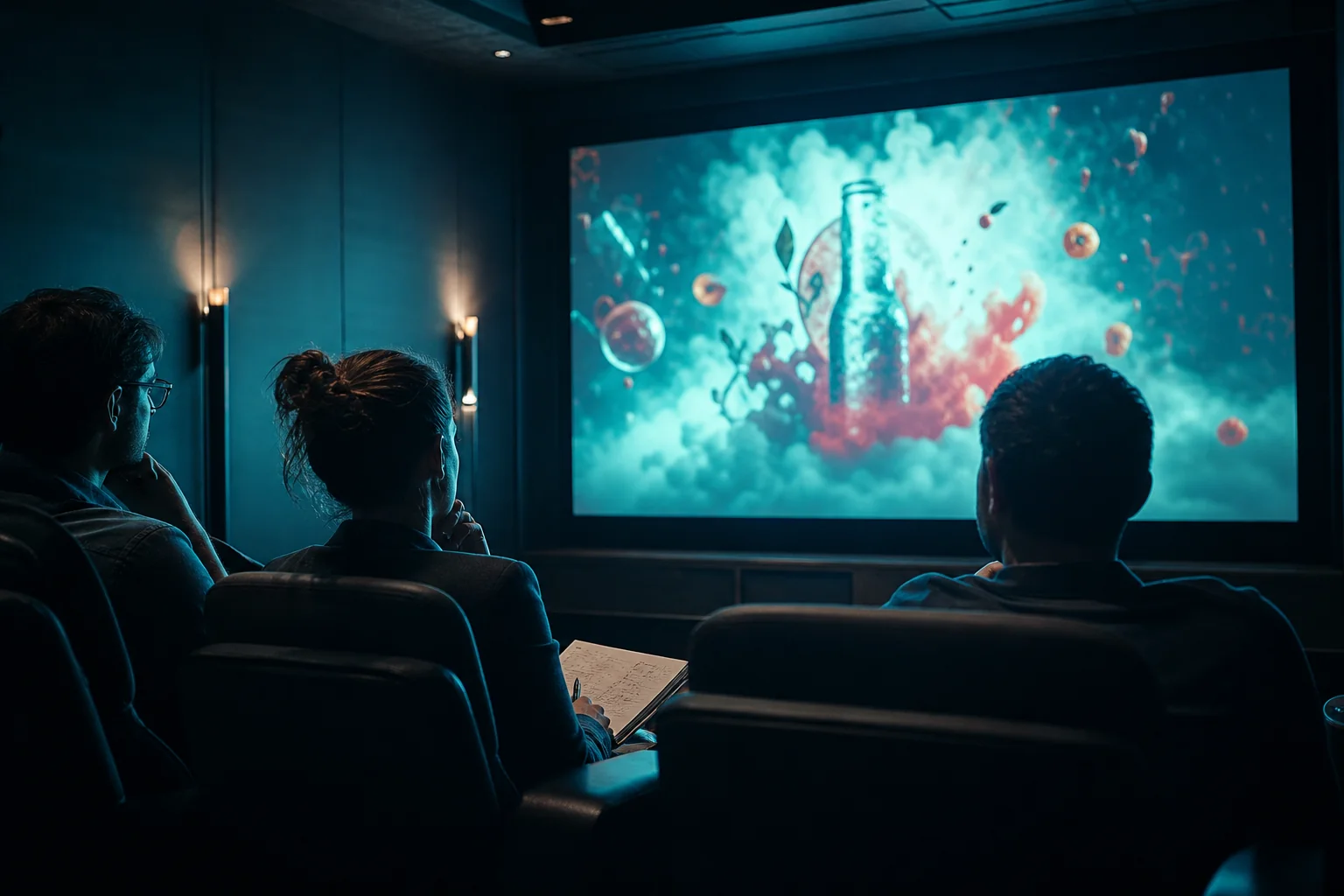 Marketing-Team analysiert Beispiele von KI-Werbespots in einem Screening-Raum