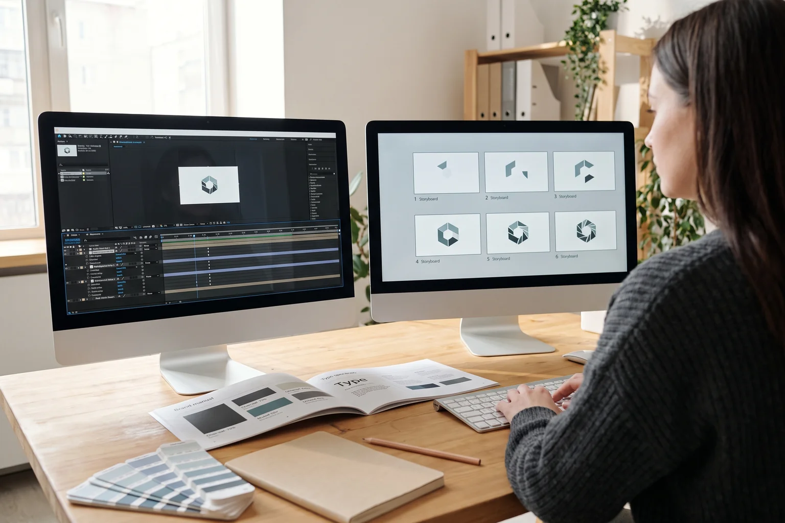 Motion Designerin an zwei Monitoren, links die Zeitleiste einer Animation, rechts der Logo-Aufbau in sechs Einzelschritten, auf dem Tisch ein aufgeschlagenes Markenhandbuch und ein Farbfächer