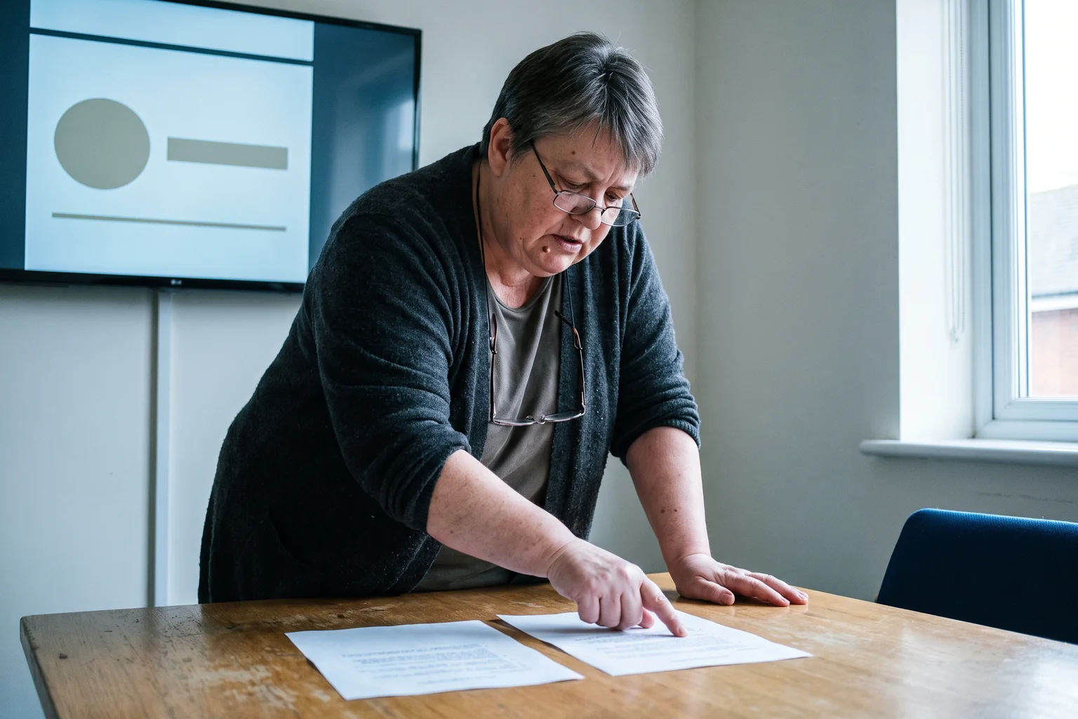Eine Frau mit Lesebrille legt an einem Besprechungstisch zwei ausgedruckte Angebote nebeneinander, im Hintergrund ein Monitor mit einer flächigen Animationsgrafik aus Kreis, Balken und Linie