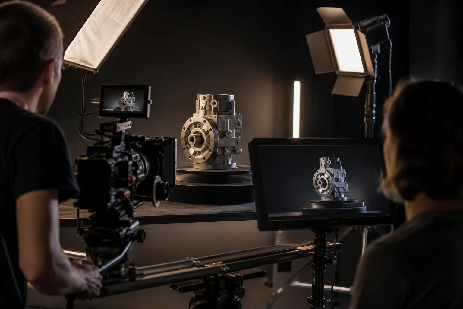 Kamerateam filmt ein Aluminium-Gussteil auf einem Drehteller im Studio, zwei Flächenleuchten setzen die Metalloberfläche in Szene