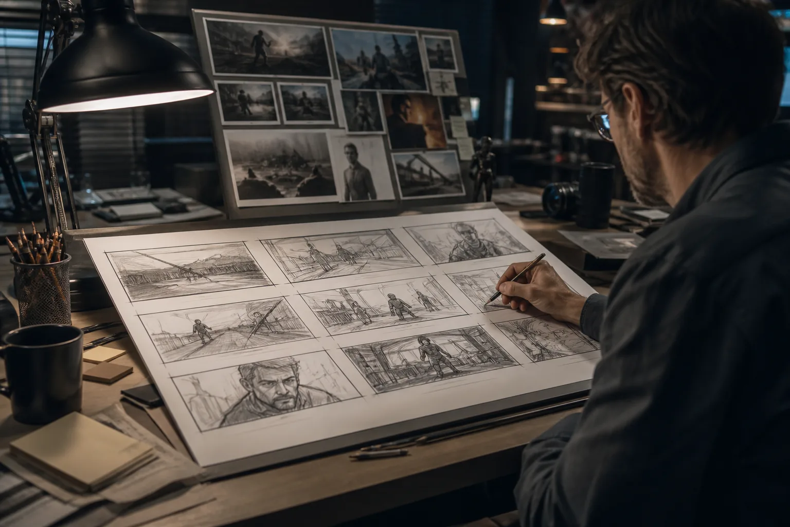 Produzentin skizziert ein Storyboard für eine KI-Videoproduktion am Arbeitstisch