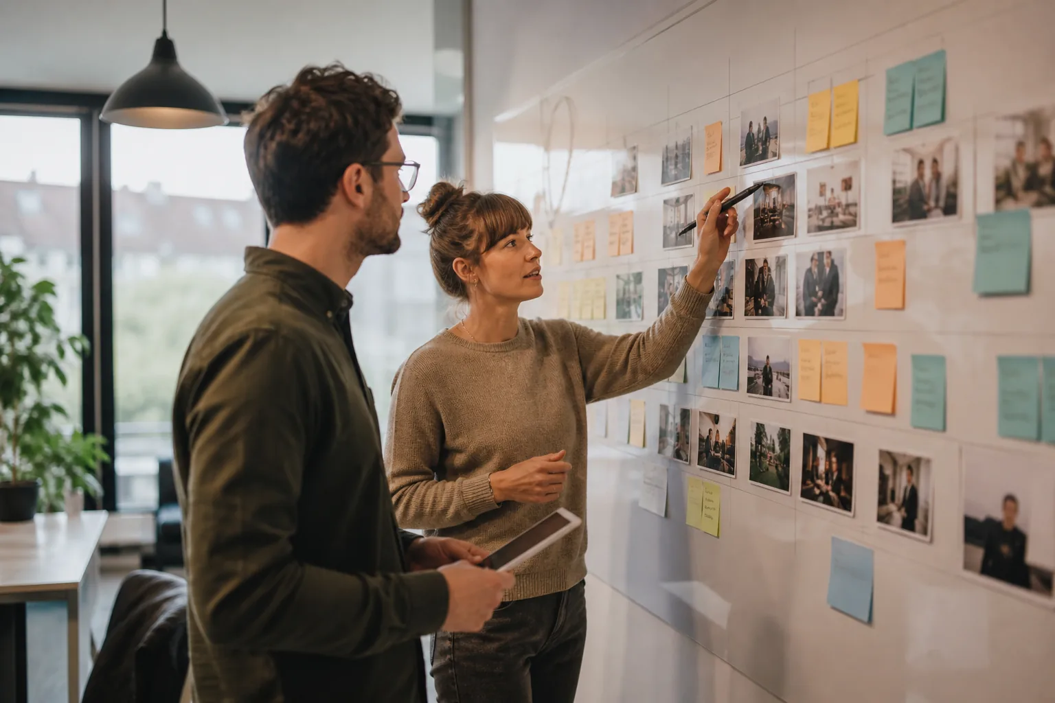 Zwei Marketingverantwortliche planen den jährlichen Video-Content-Plan an einer Wandtafel