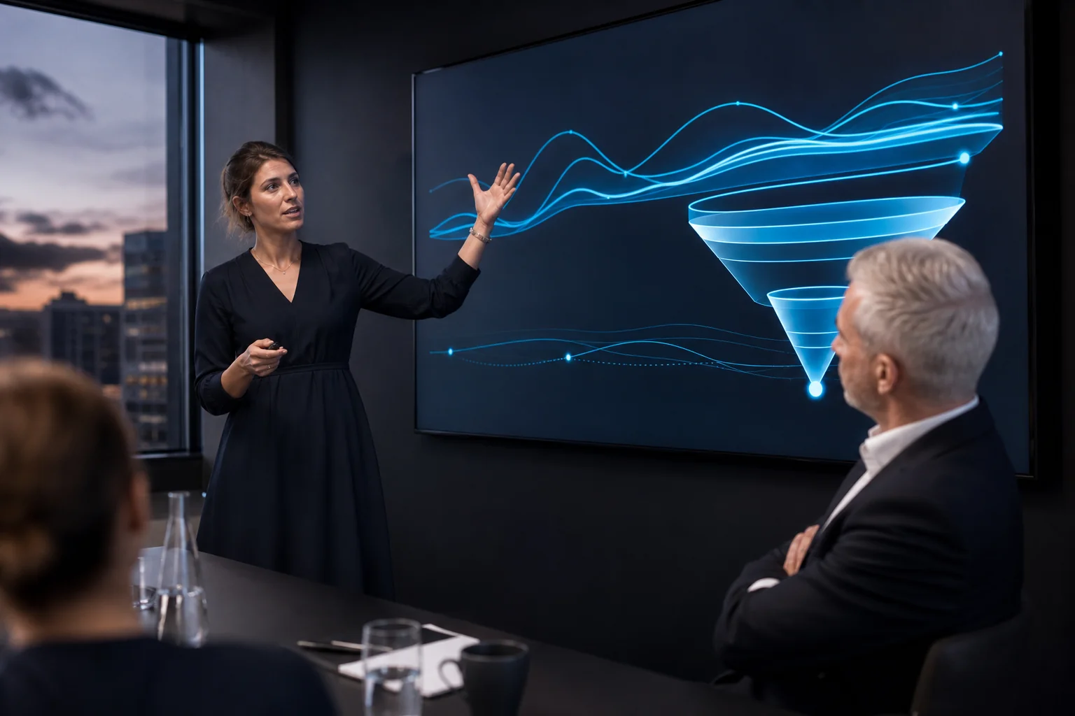 Marketingleiterin präsentiert der Geschäftsführung ein Reporting mit Video-Marketing-Kennzahlen