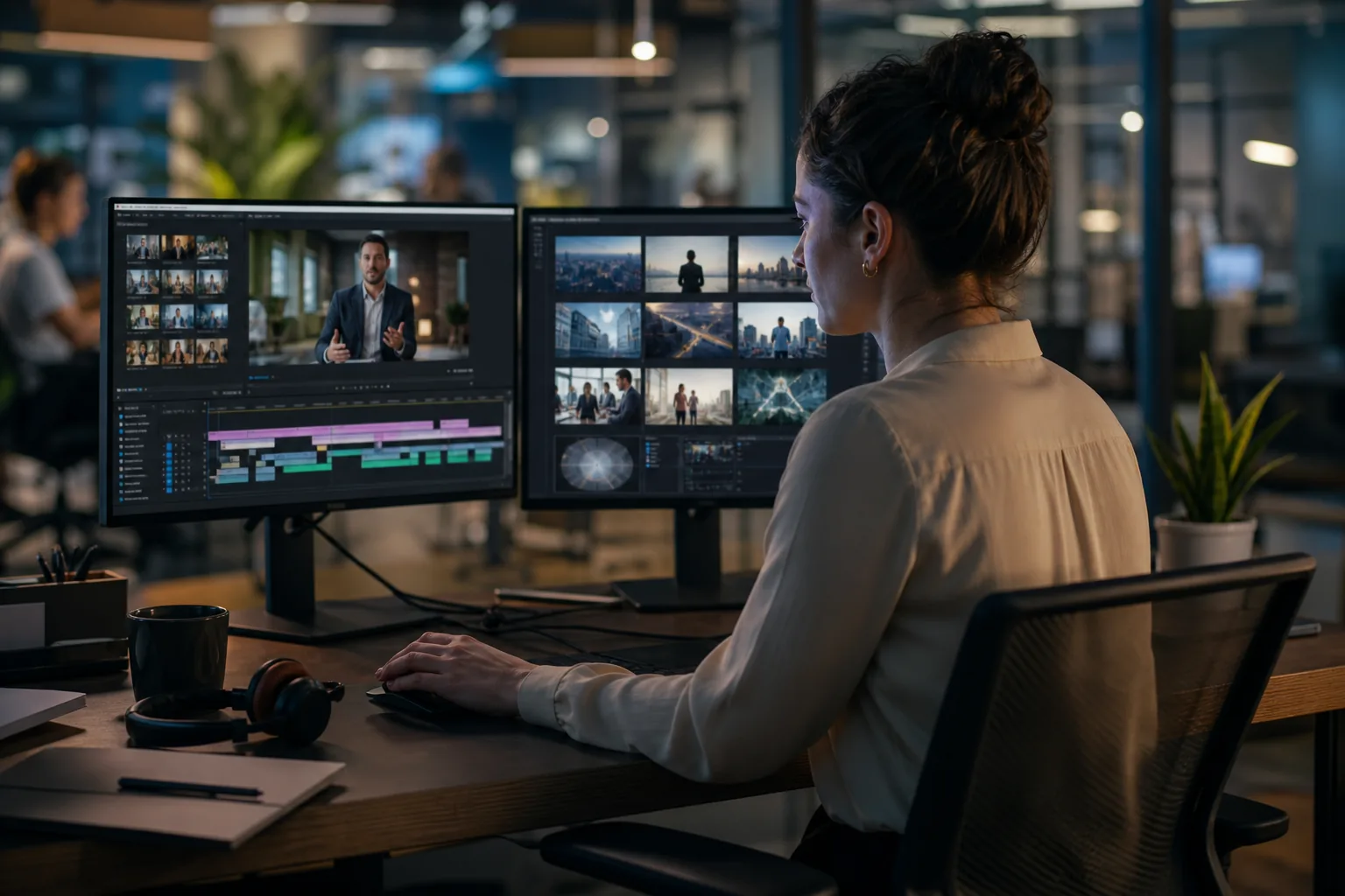 Marketingleitung sortiert Clips aus einem Masterfilm zu Assets für LinkedIn, Instagram und Website