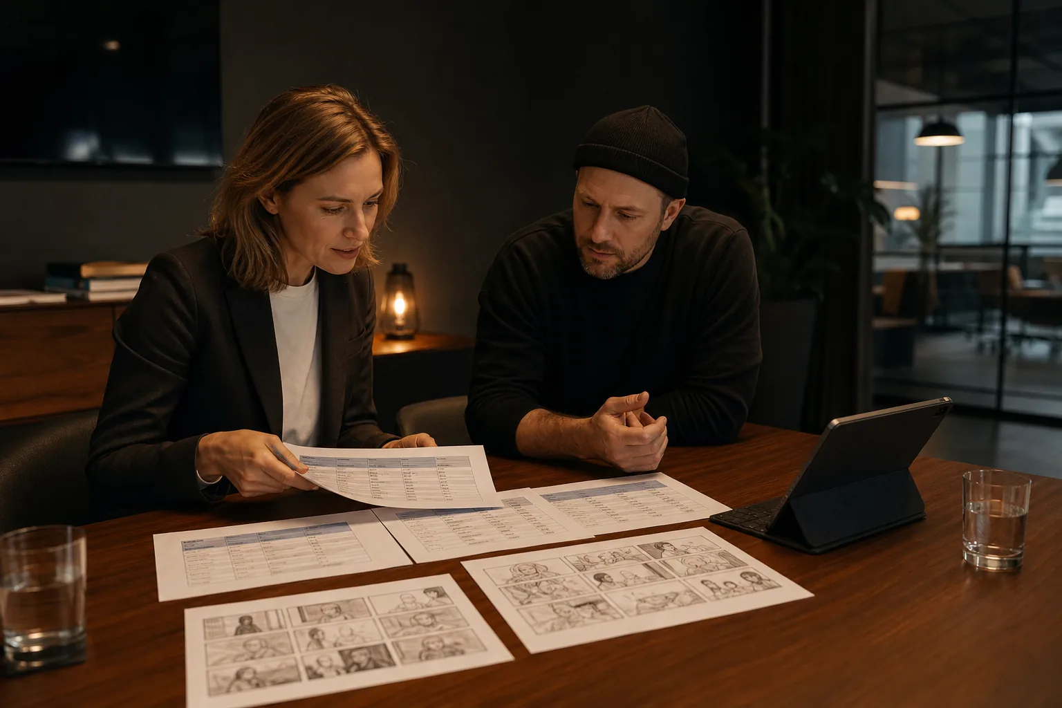 Marketingleitung und Produzent vergleichen am Besprechungstisch mehrere Angebotstabellen und zwei ausgedruckte Storyboard-Bögen