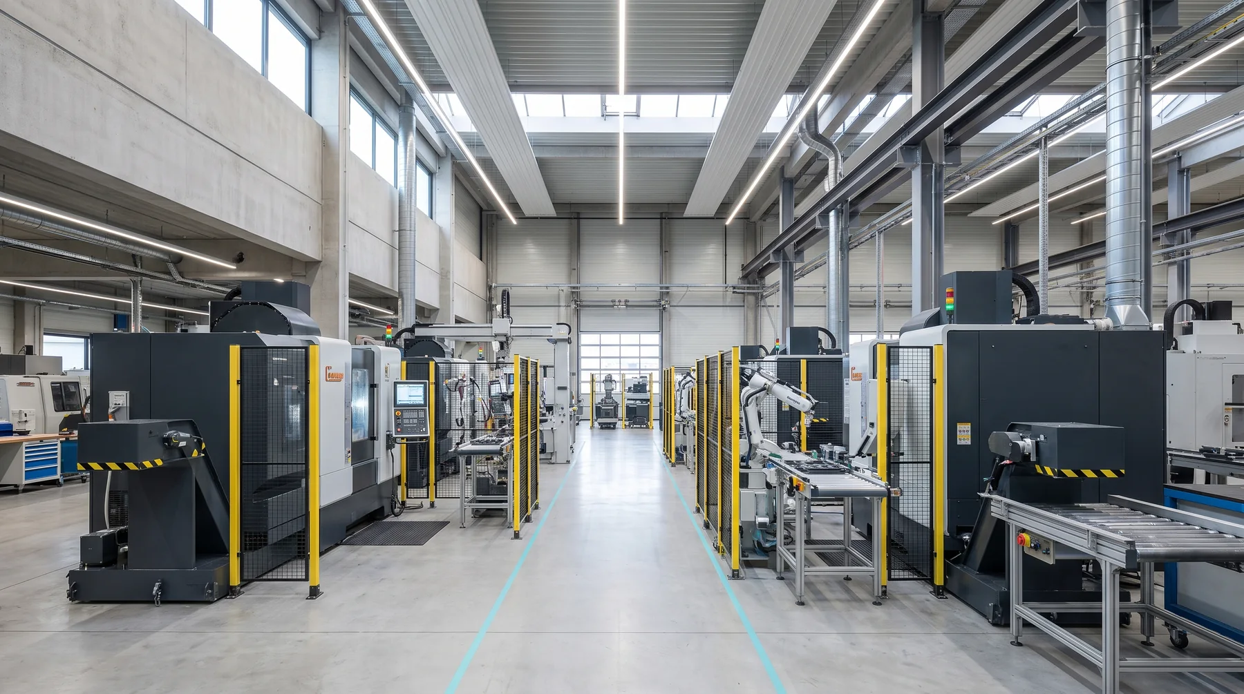 Eine Werksleiterin steht auf einem Stahlgitter-Laufsteg über einer laufenden Produktionshalle und hält ein Tablet, auf dem eine unscharfe Innenansicht derselben Halle zu sehen ist