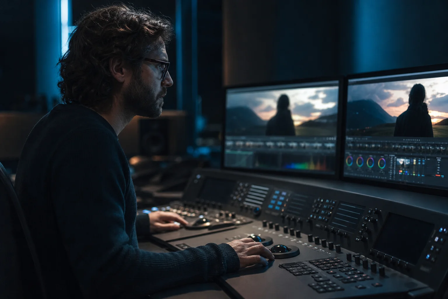 Editor arbeitet an einer Farbkorrektur-Suite einer professionellen KI-Videoproduktion