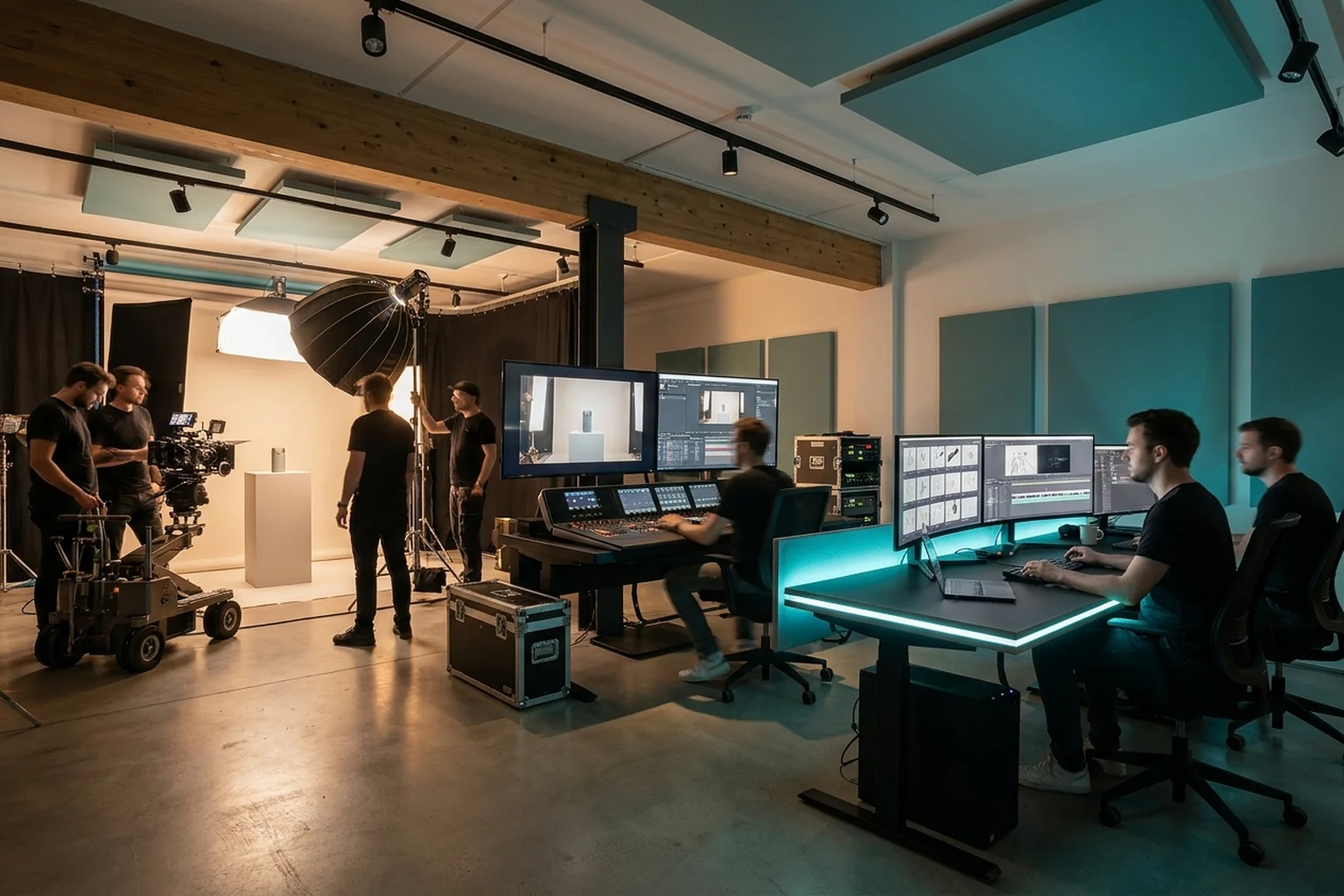 Drei Produktionszonen für einen Werbespot mit klassischem Filmset, Hybridproduktion und KI-Postproduktion, symbolisch und KI-generiert