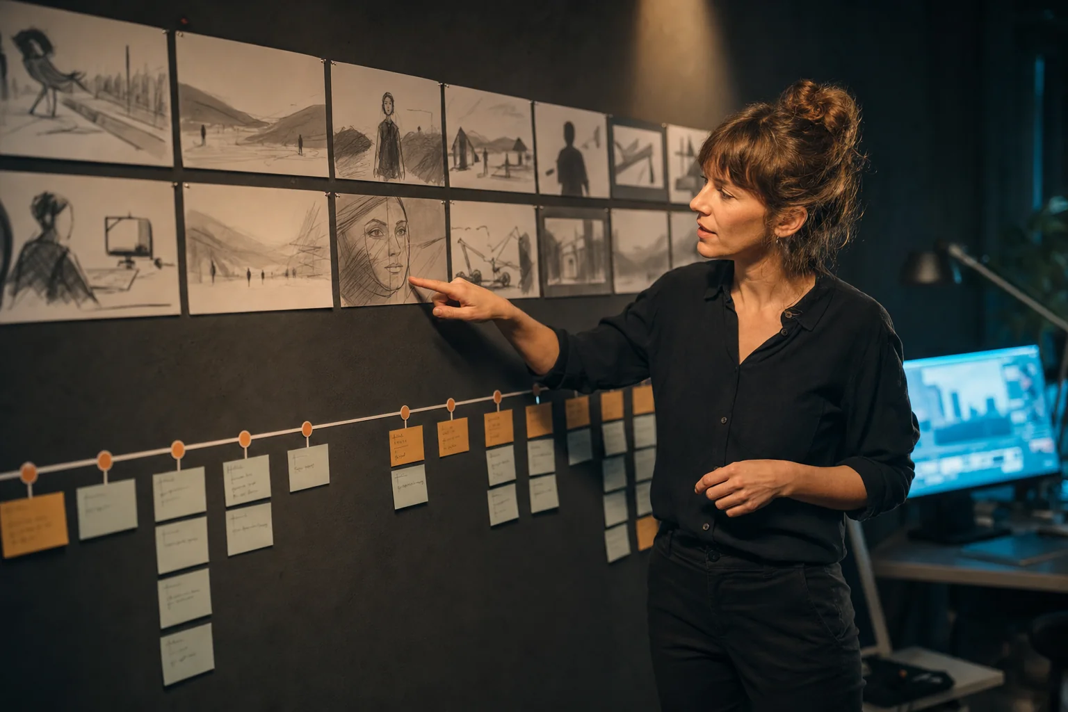 Produzentin erklärt den Ablauf einer KI-Videoproduktion an einer Storyboard-Wand