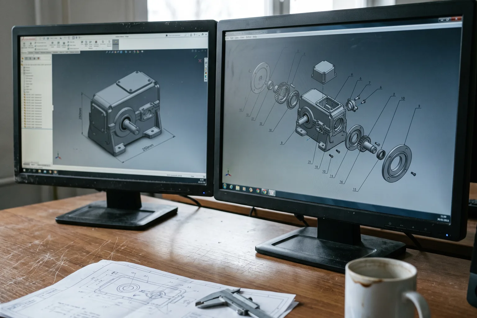Zwei Monitore zeigen dieselbe Getriebebaugruppe, links das geschlossene CAD-Modell mit Teileliste, rechts die auseinandergezogene Explosionsdarstellung mit nummerierten Bauteilen