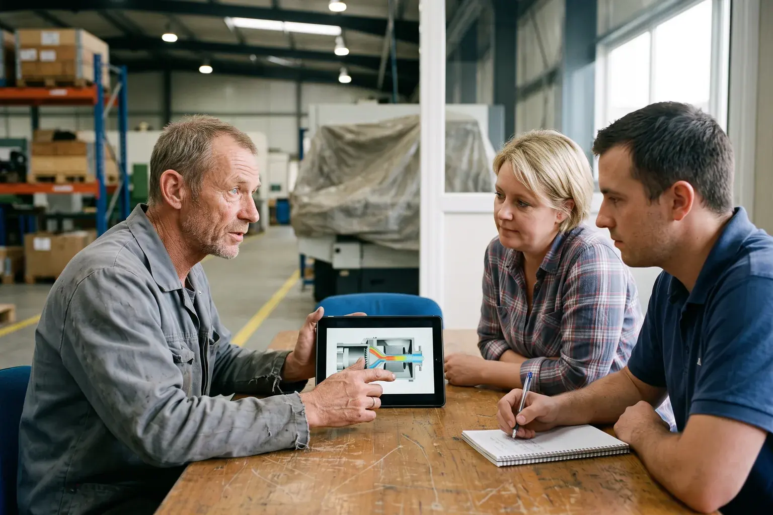Ein Techniker zeigt zwei Kollegen an einem Besprechungstisch in der Werkshalle auf einem Tablet die Schnittanimation einer Maschine