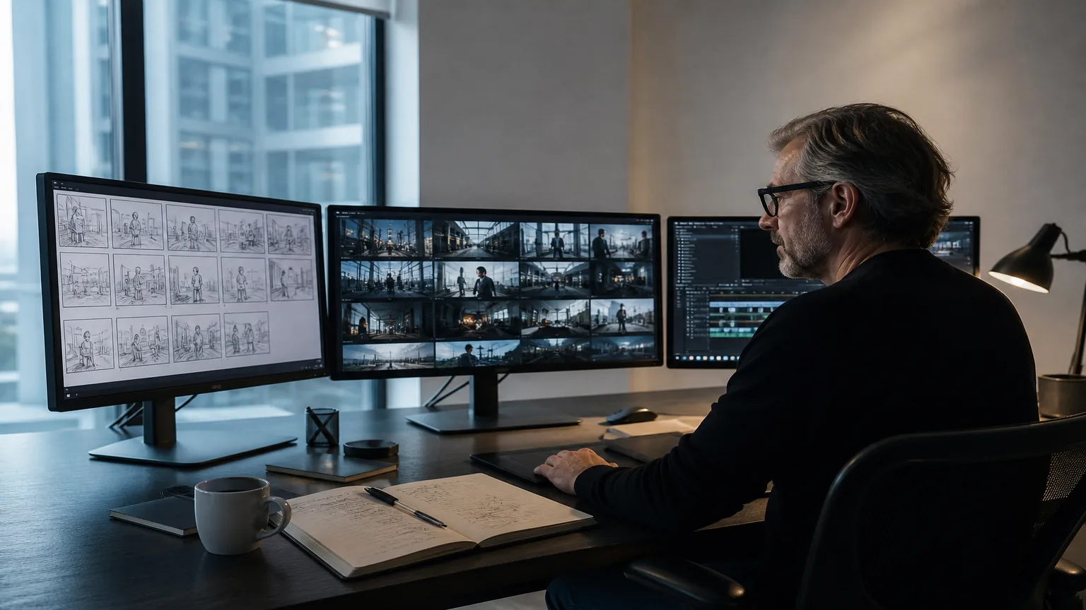 Produzent am Schnittplatz mit Storyboard und mehreren Monitoren, reine KI-Produktion ohne Kamerateam