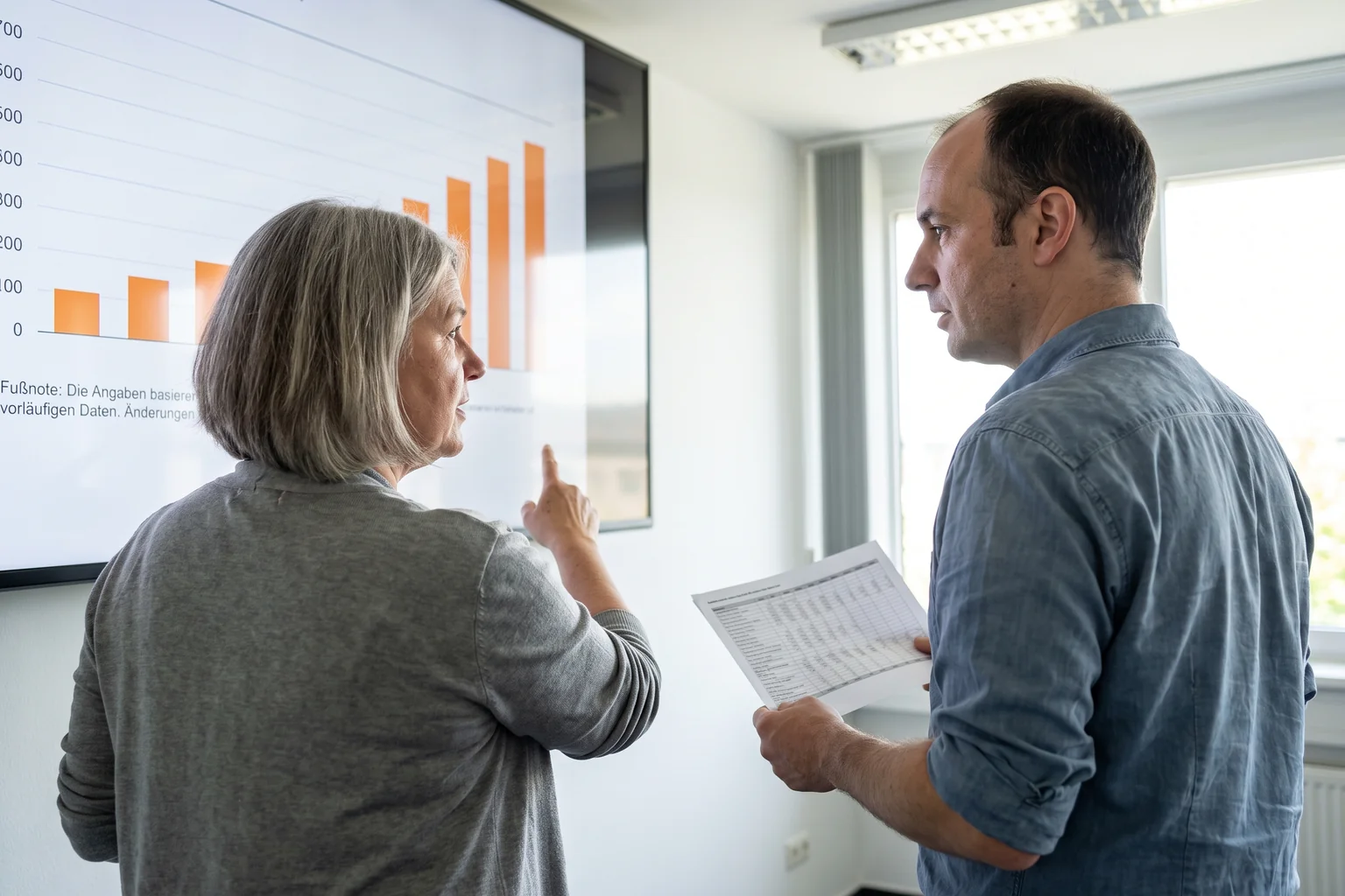 Zwei Personen stehen vor einem großen Bildschirm mit einem Balkendiagramm, unter dem eine Fußnote auf vorläufige Zahlen hinweist, eine Person zeigt auf einen der Balken, die andere hält ein gedrucktes Datenblatt