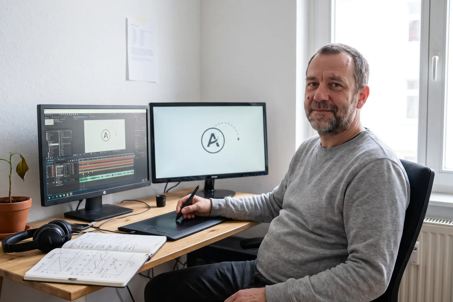Ein Motion Designer sitzt an einem Arbeitsplatz mit zwei Monitoren, links die Zeitleiste mit Ebenen und Tonspur, rechts ein Logo mit seinem Bewegungspfad, auf dem Tisch ein Grafiktablett und ein aufgeschlagenes Notizbuch mit Timing-Skizzen