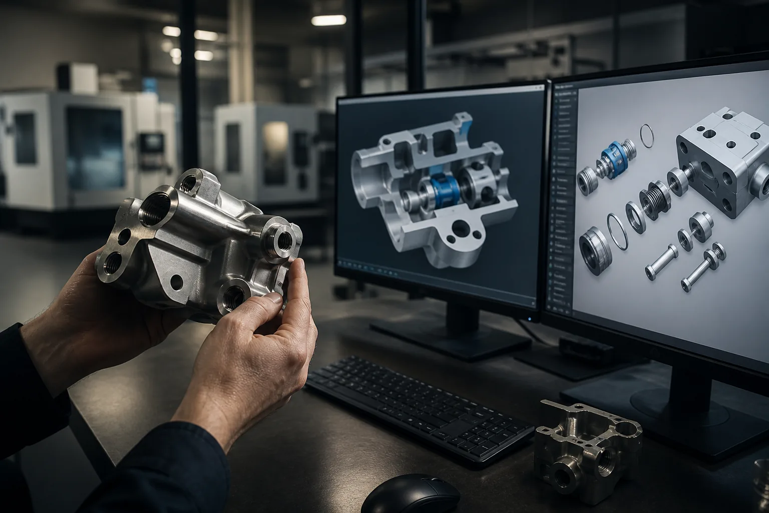 Hände halten ein Aluminium-Gussteil vor zwei Monitoren mit CAD-Schnittmodell und Explosionsdarstellung, im Hintergrund eine Fertigungshalle