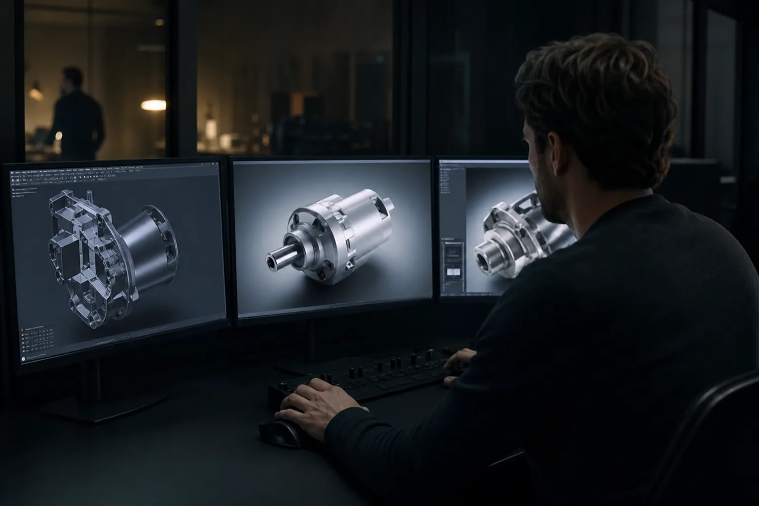 Produzent an drei Monitoren, links das CAD-Modell eines Getriebes, daneben zwei daraus abgeleitete Produktansichten
