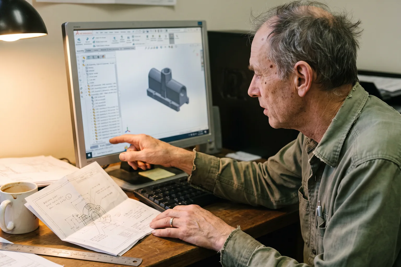 Konstrukteur zeigt am Monitor auf den Strukturbaum einer CAD-Baugruppe, daneben ein aufgeschlagenes Heft mit Handskizze und Notizen zur Baugruppe