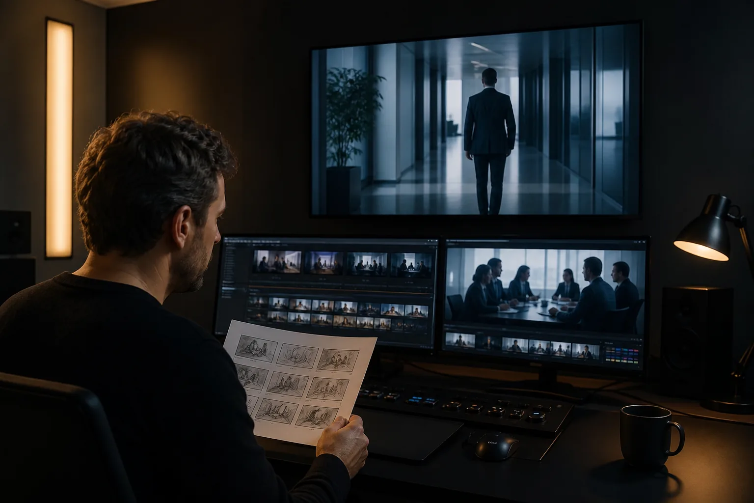 Produzent mit ausgedrucktem Storyboard vor zwei Schnittmonitoren und einem Wandmonitor, kein Kamerateam im Raum