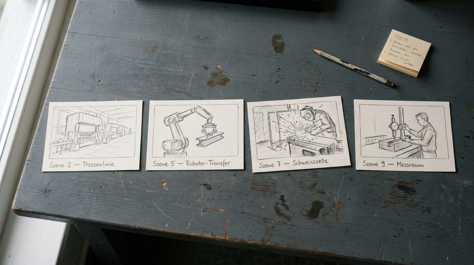 Storyboard-Karten mit Szenenskizzen für den KI-Werksfilm der Fertigungslinie