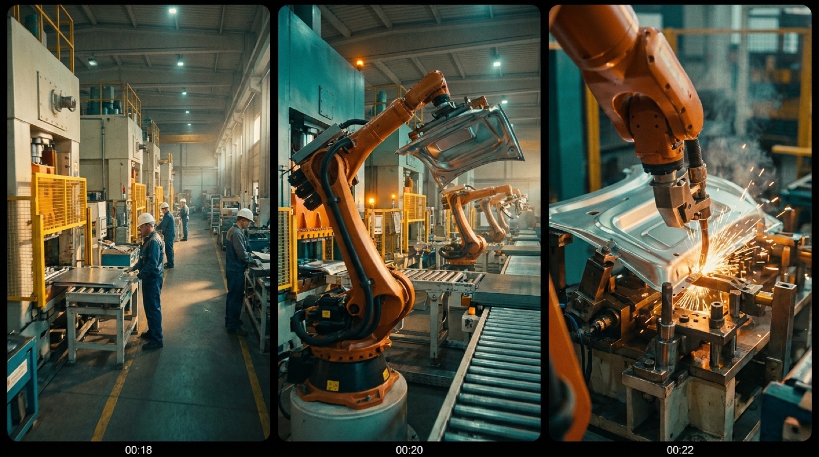 Filmstreifen: drei aufeinanderfolgende Frames der animierten Roboter-Transfer-Szene