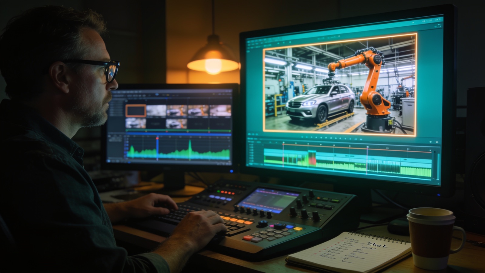 Postproduktion: Editor in der Grading-Suite mit Werksfilm-Frame auf dem Referenzmonitor