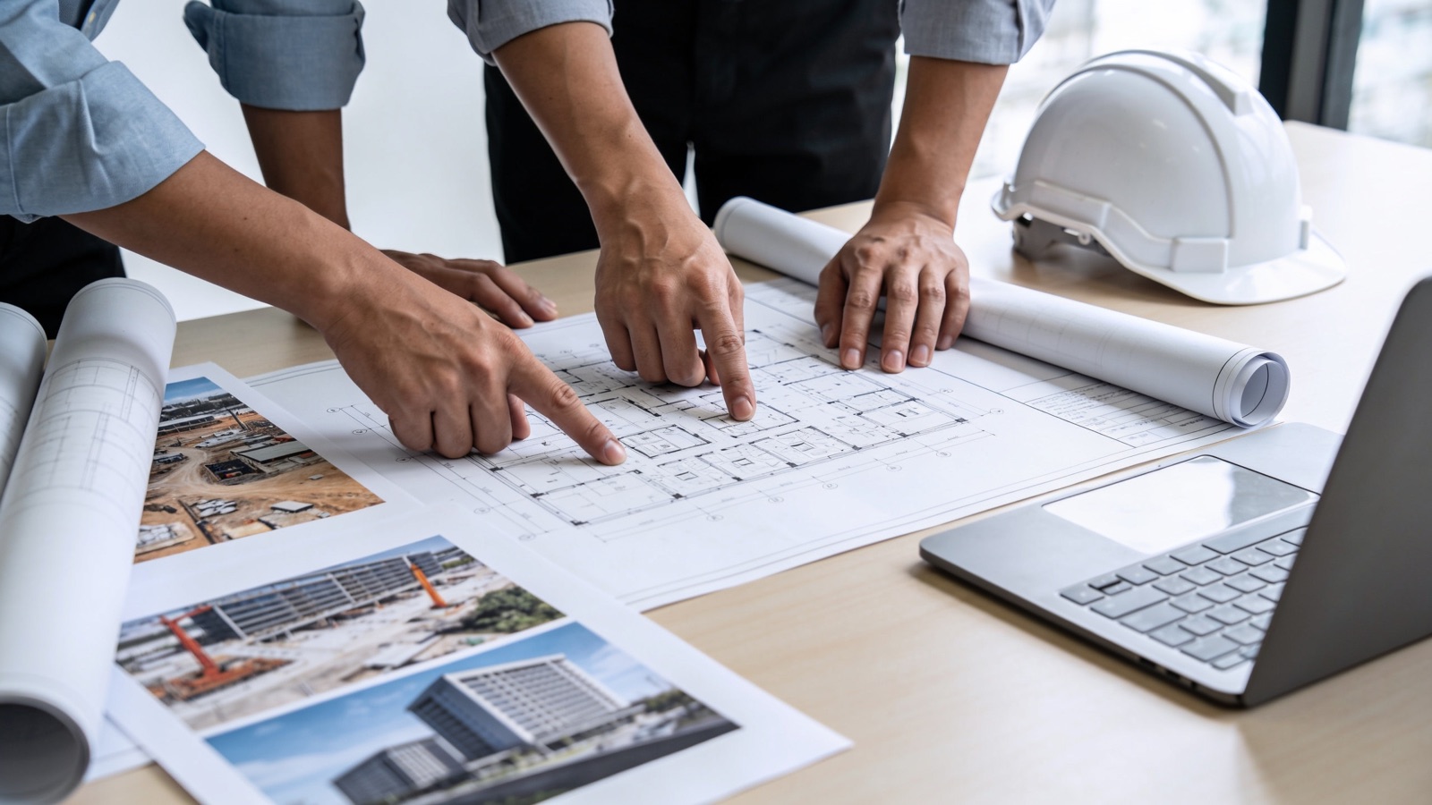 Projekt-Briefing im Bauunternehmen: Baupläne, Projektfotos und Helm auf dem Besprechungstisch