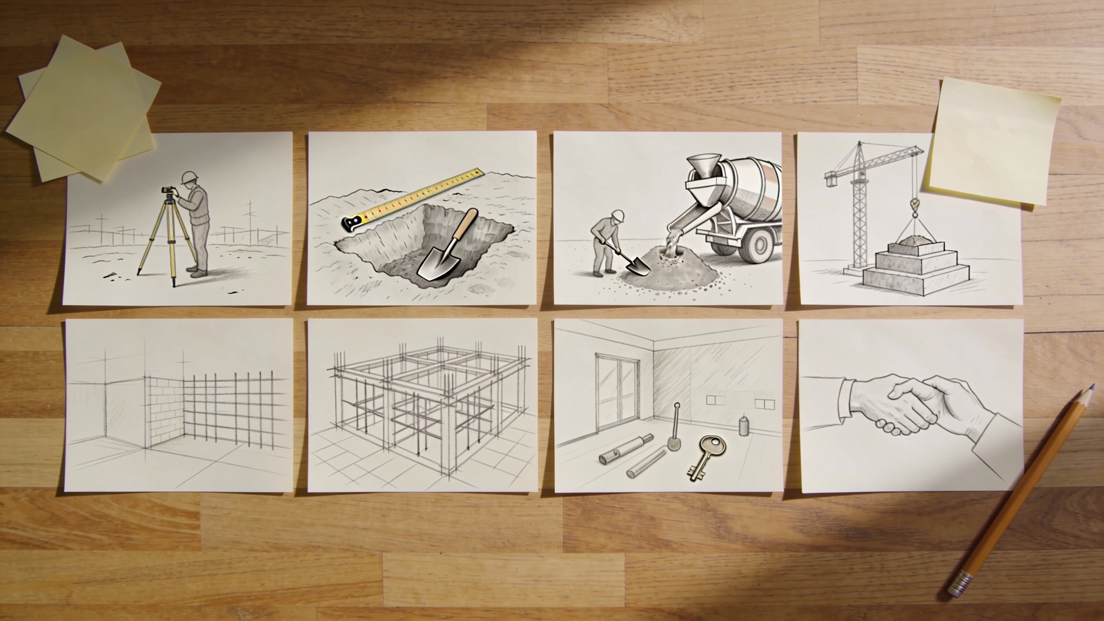 Storyboard-Karten mit Szenenskizzen für den Bau-Imagefilm auf einem Tisch