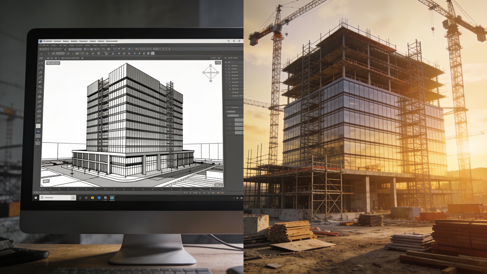 Vergleich: BIM-Visualisierung des Bürogebäudes neben fotorealistischem KI-Referenz-Frame
