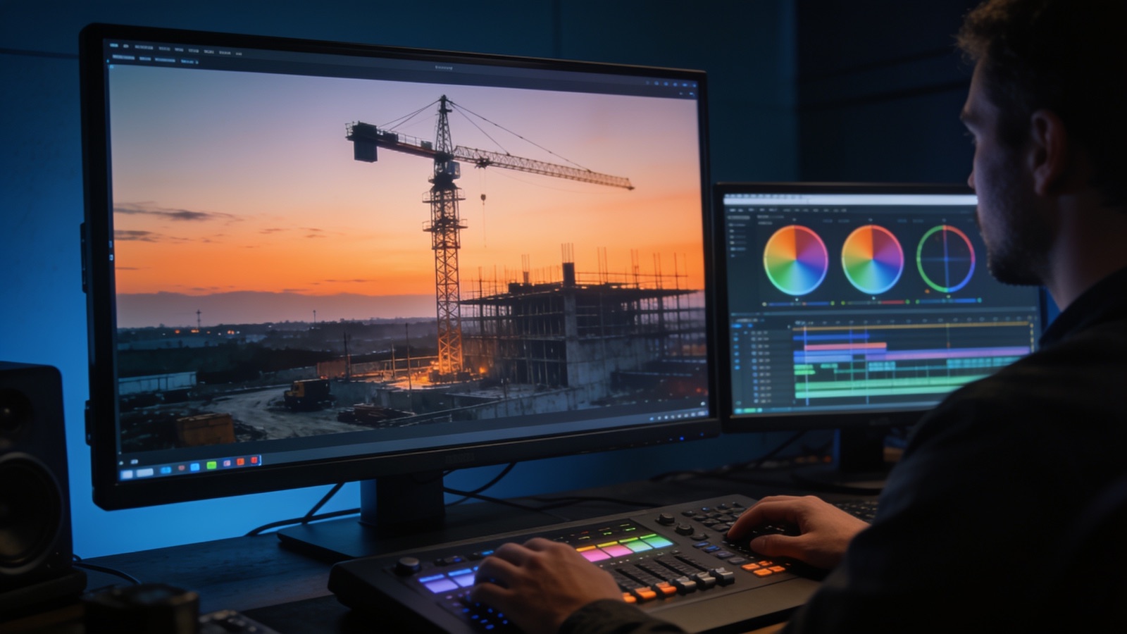 Postproduktion: Editor in der Grading-Suite mit Rohbau-Frame und Timeline auf den Monitoren