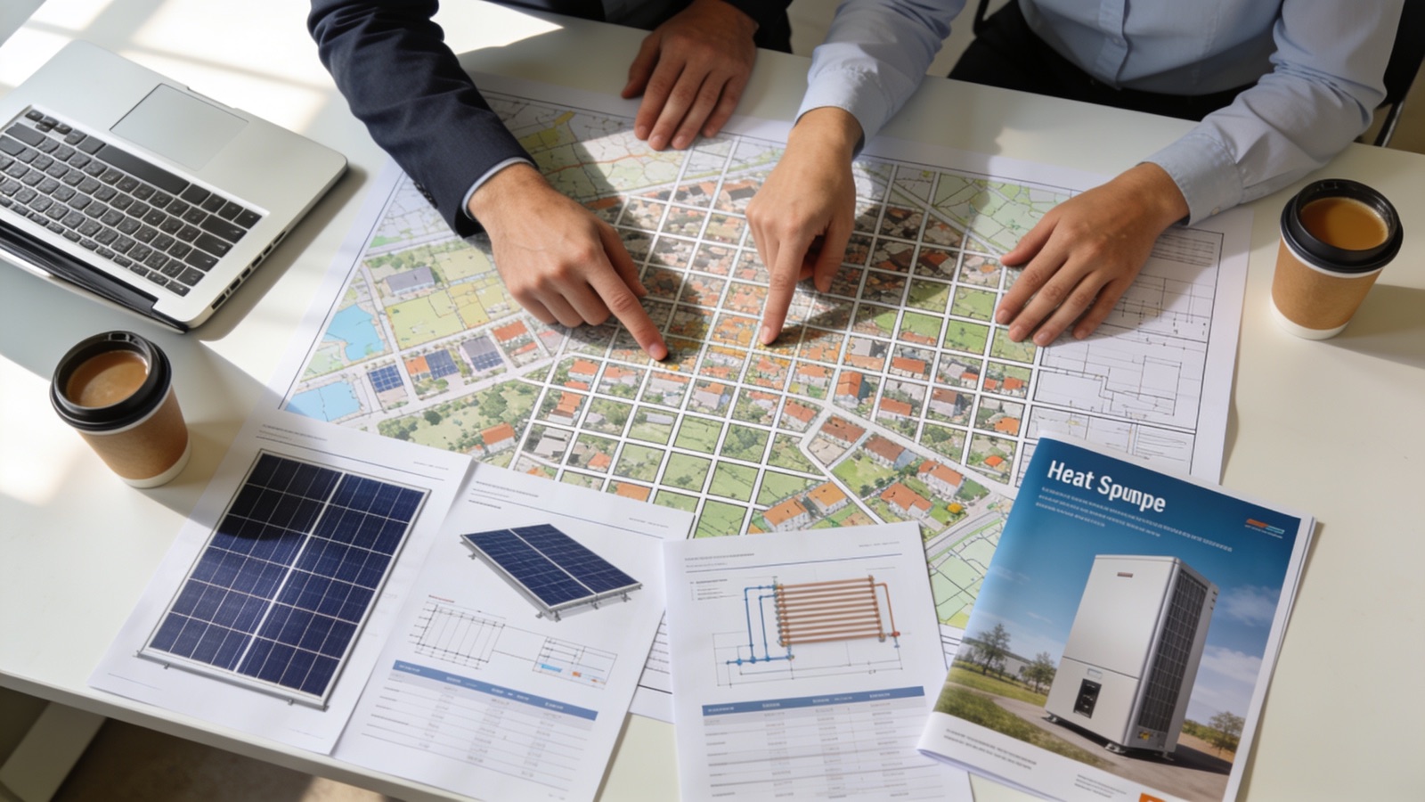 Projekt-Briefing beim Stadtwerk: Netzpläne, Datenblätter und Dachfotos auf dem Besprechungstisch