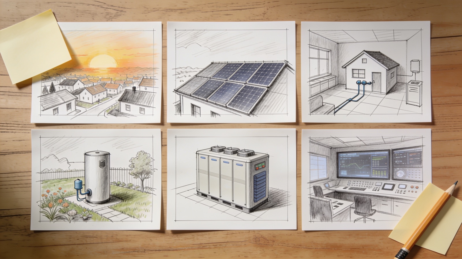 Storyboard-Karten mit Szenenskizzen für den Energie-Kampagnenfilm des Stadtwerks