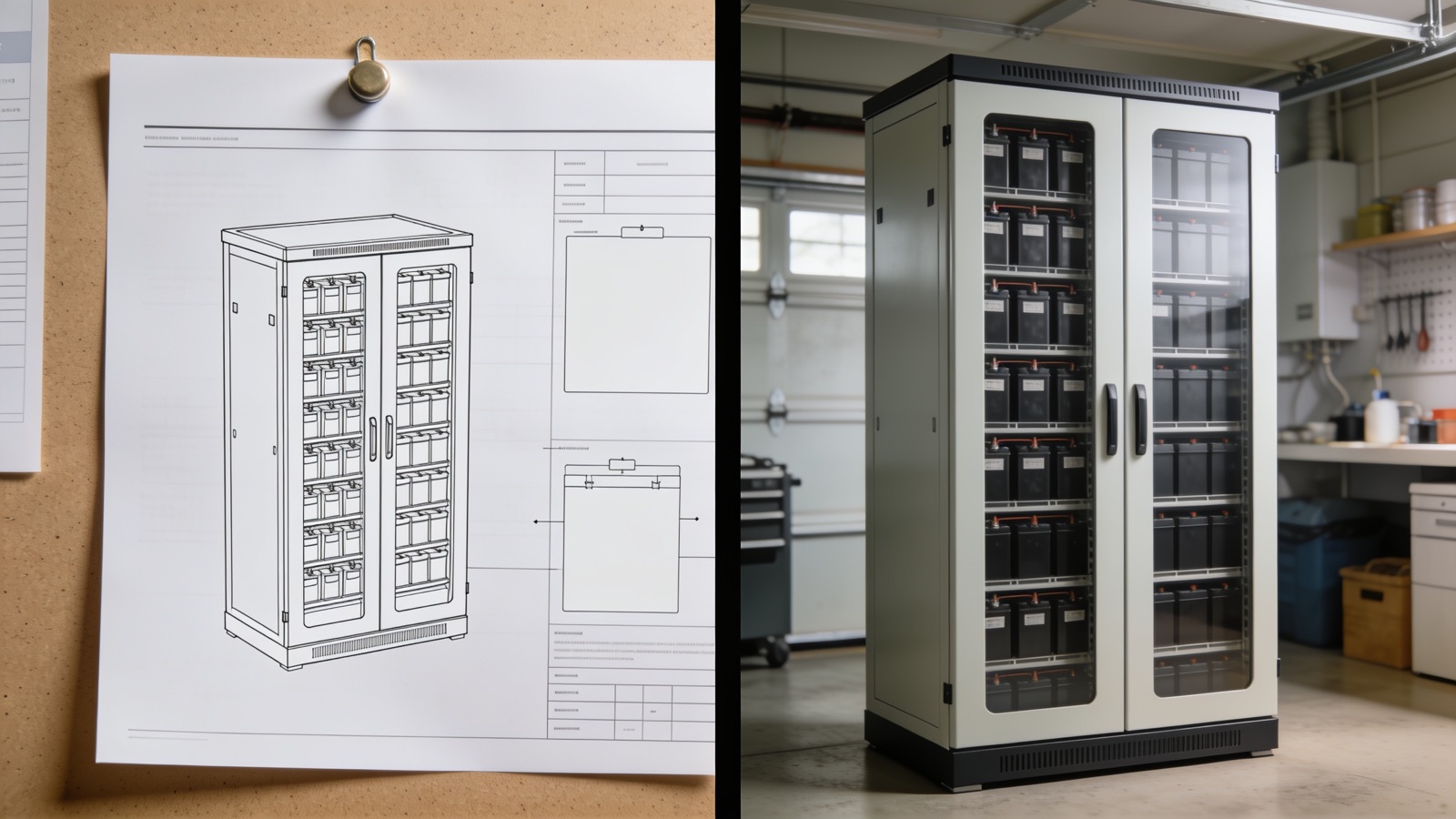 Vergleich: Datenblatt des Quartierspeichers neben fotorealistischem KI-Referenz-Frame