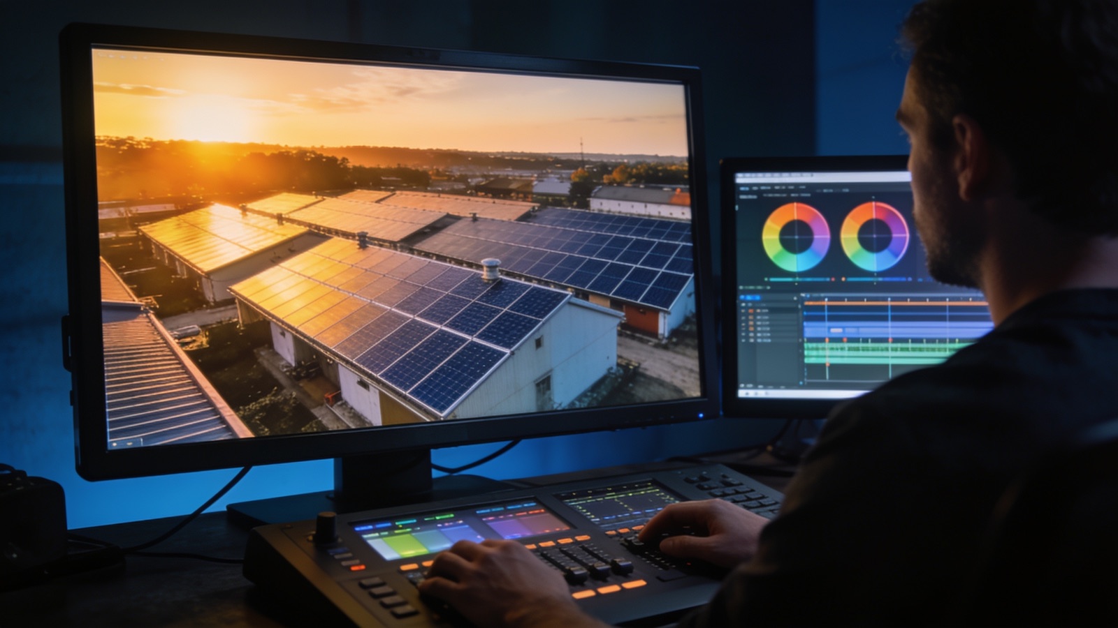 Postproduktion: Editor in der Grading-Suite mit Solardach-Frame und Timeline auf den Monitoren