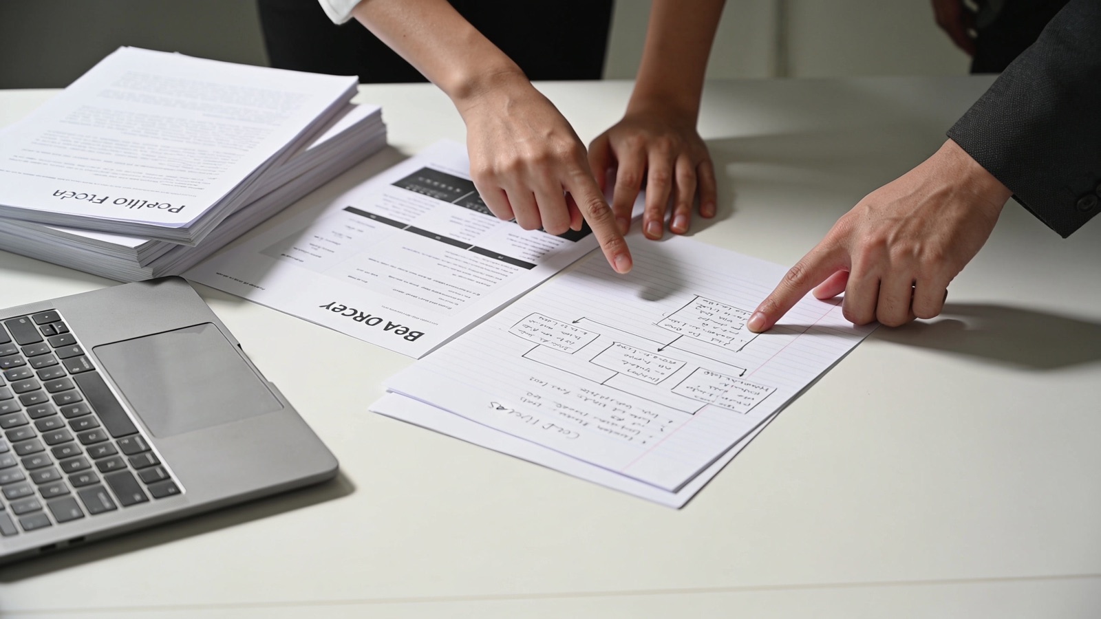 Projekt-Briefing beim Versicherer: Leistungskatalog und Skript-Entwurf auf dem Besprechungstisch