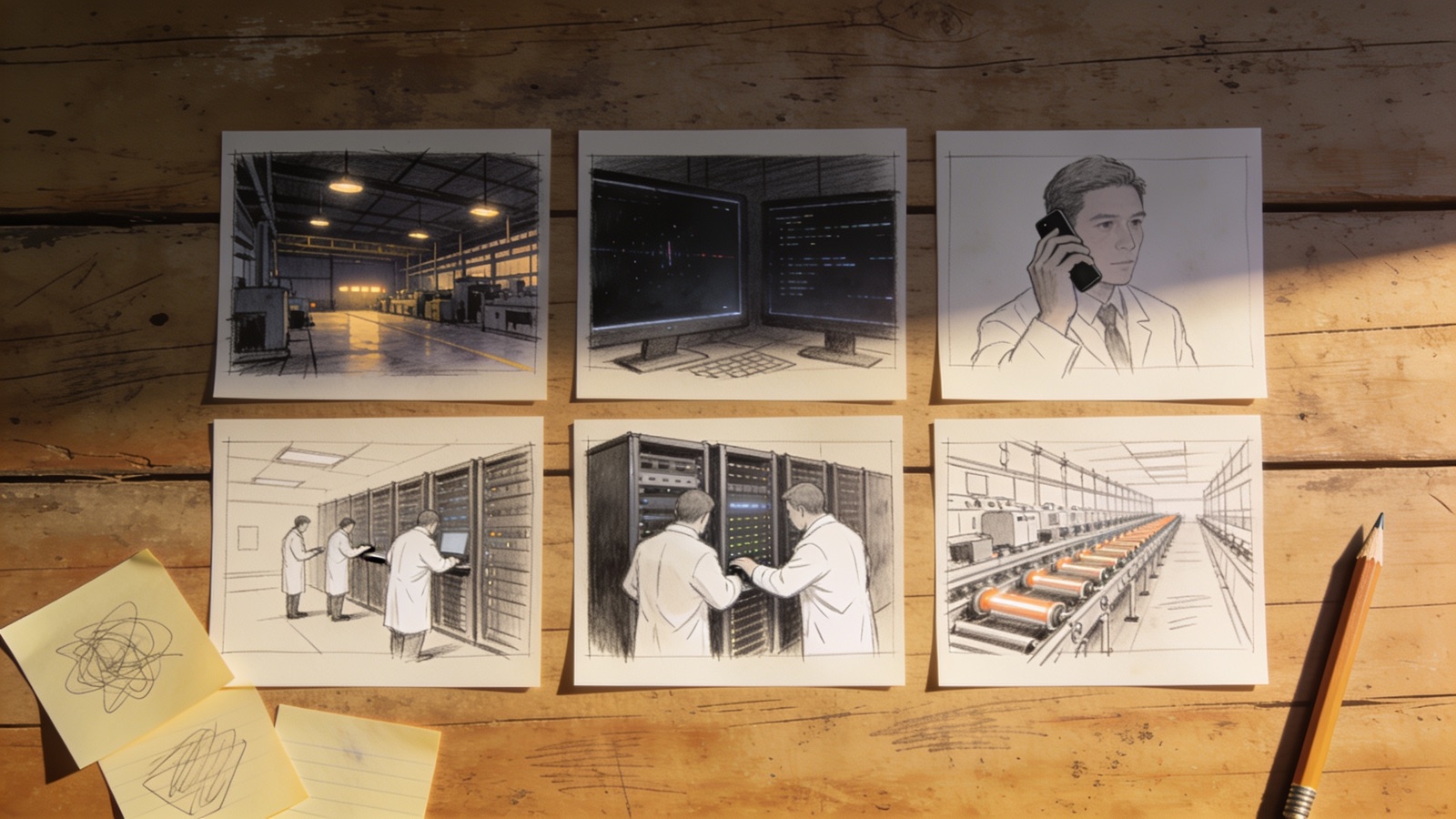 Storyboard-Karten mit Szenenskizzen für das Cyber-Erklärvideo auf einem Tisch