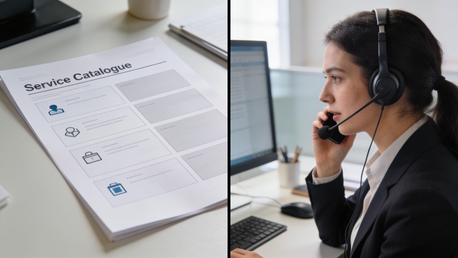 Vergleich: Leistungskatalog-Seite neben fotorealistischem KI-Referenz-Frame der Hotline-Szene
