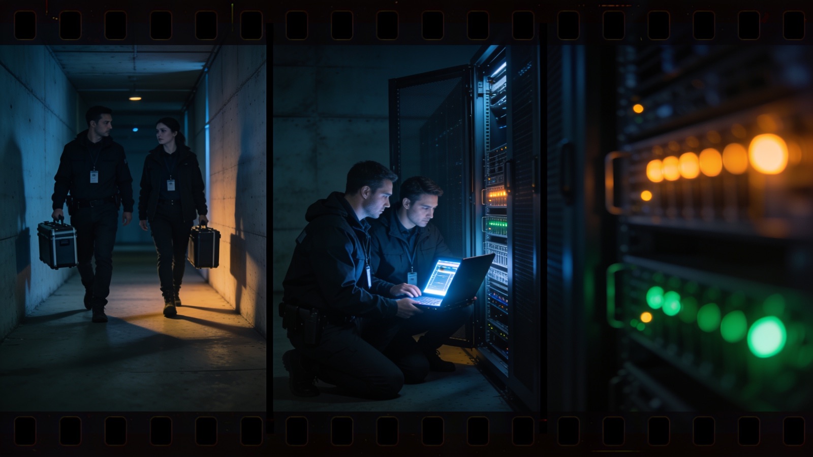 Filmstreifen: drei aufeinanderfolgende Frames der animierten Serverraum-Szene bei Nacht