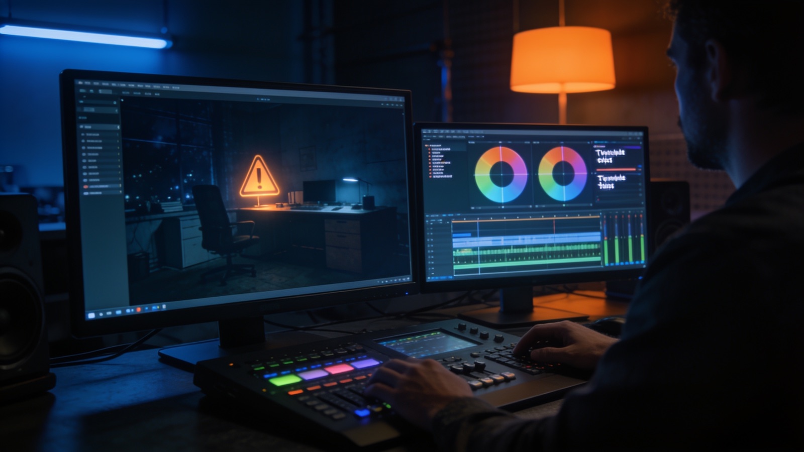 Postproduktion: Editor in der Grading-Suite mit Erklärvideo-Frame und Timeline auf den Monitoren