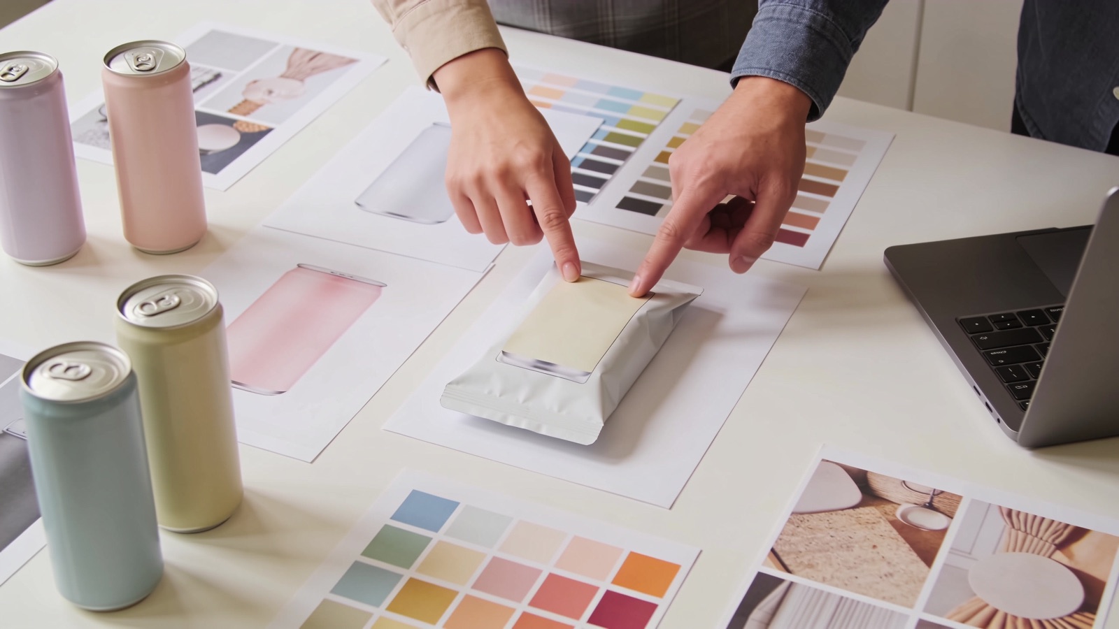 Projekt-Briefing bei der Getränkemarke: Packshots, Etiketten und Moodboards auf dem Tisch