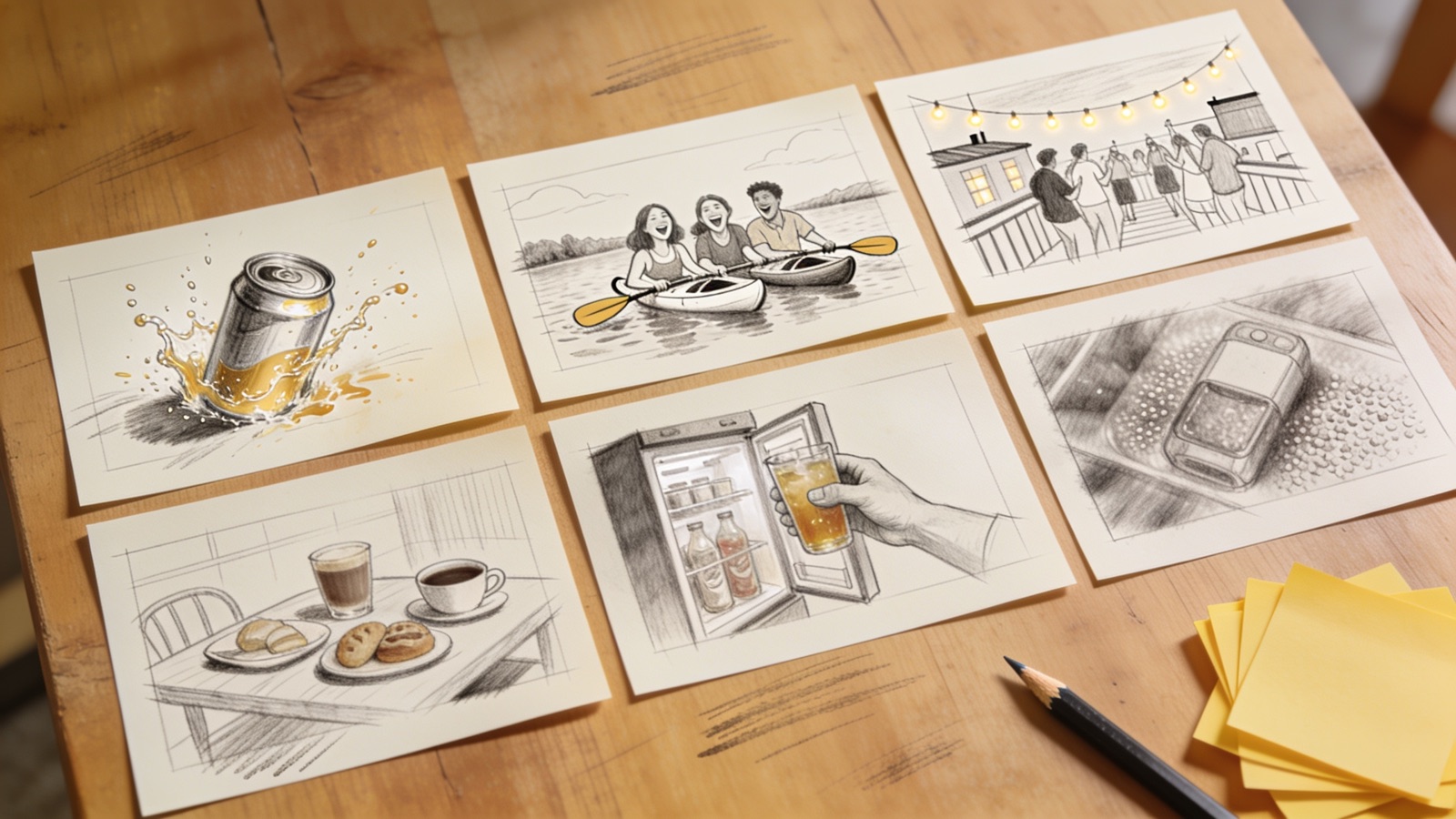 Storyboard-Karten mit Szenenskizzen für den FMCG-Launch-Spot auf einem Tisch