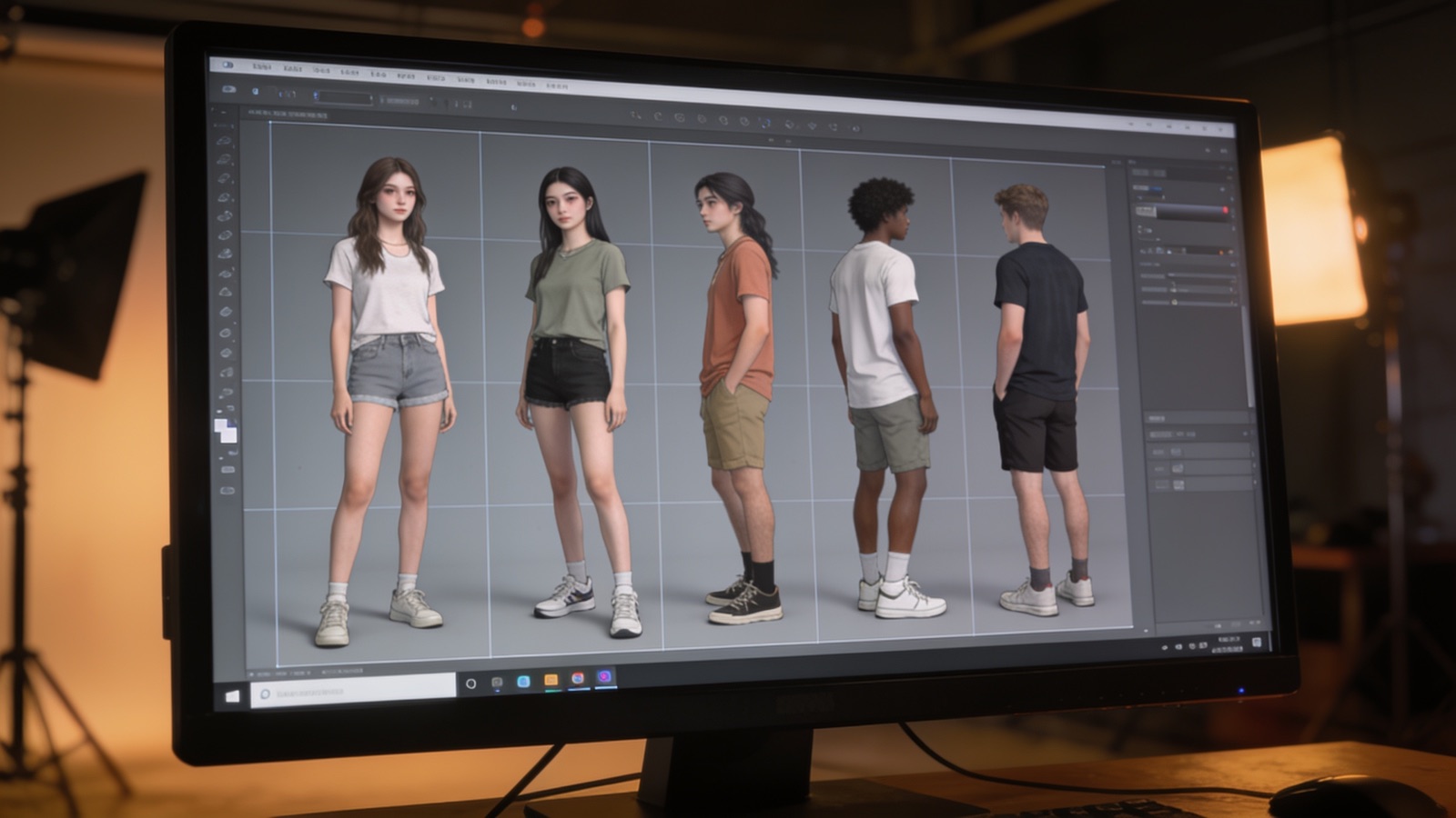 Character-Reference-Sheet: vier KI-generierte junge Erwachsene in mehreren Ansichten
