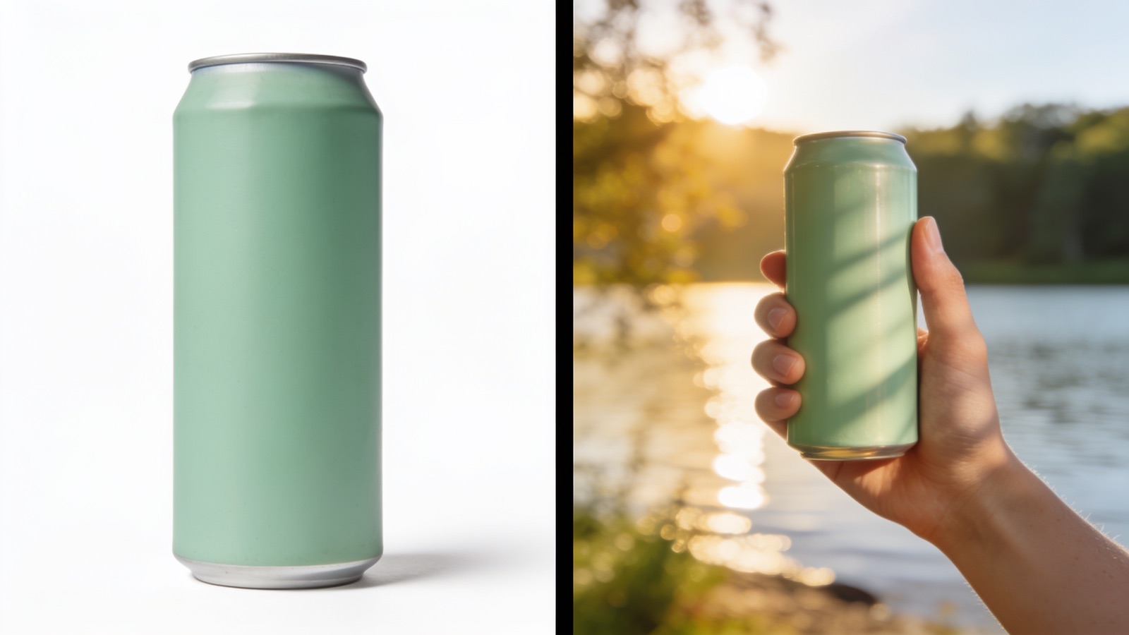 Vergleich: Packshot der Getränkedose neben fotorealistischem KI-Referenz-Frame