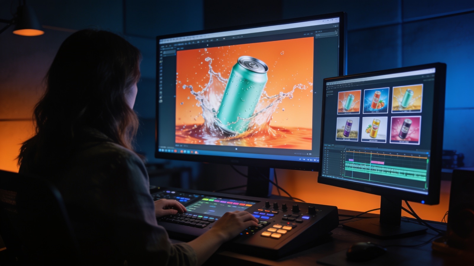 Postproduktion: Editorin in der Grading-Suite mit Splash-Frame und Varianten-Timeline auf den Monitoren