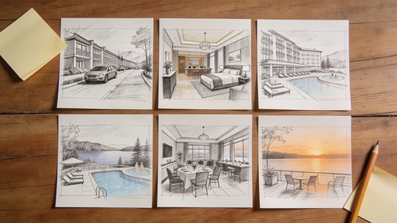Storyboard-Karten mit Szenenskizzen für den Hotel-Imagefilm auf einem Tisch