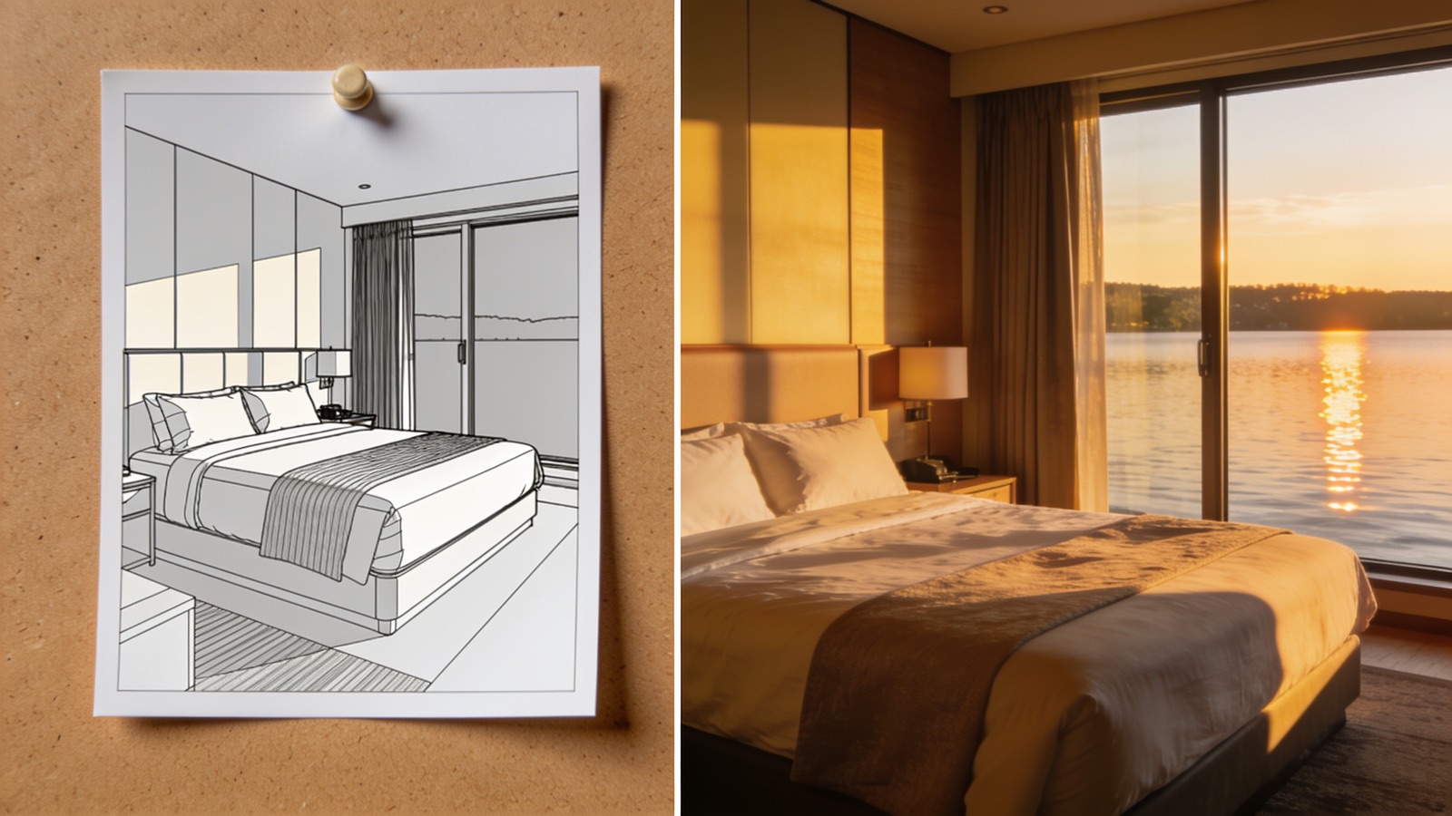 Vergleich: Interior-Rendering der Hotelsuite neben fotorealistischem KI-Referenz-Frame