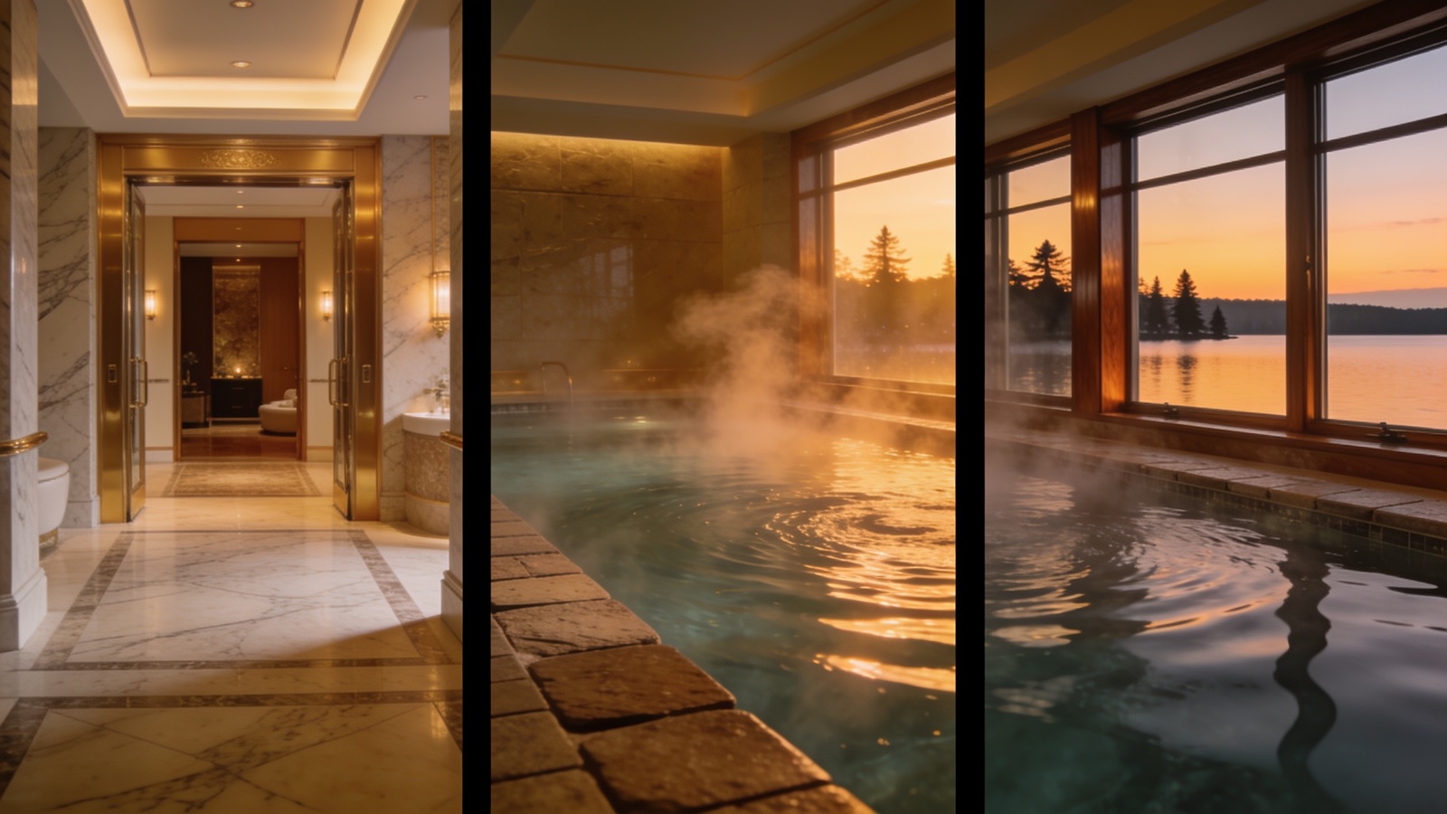 Filmstreifen: drei aufeinanderfolgende Frames der animierten Spa-Szene mit Pool