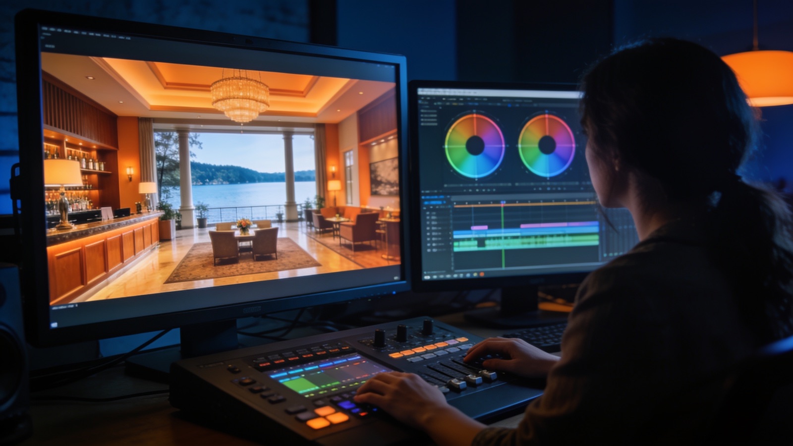 Postproduktion: Editorin in der Grading-Suite mit Hotel-Frame und Timeline auf den Monitoren